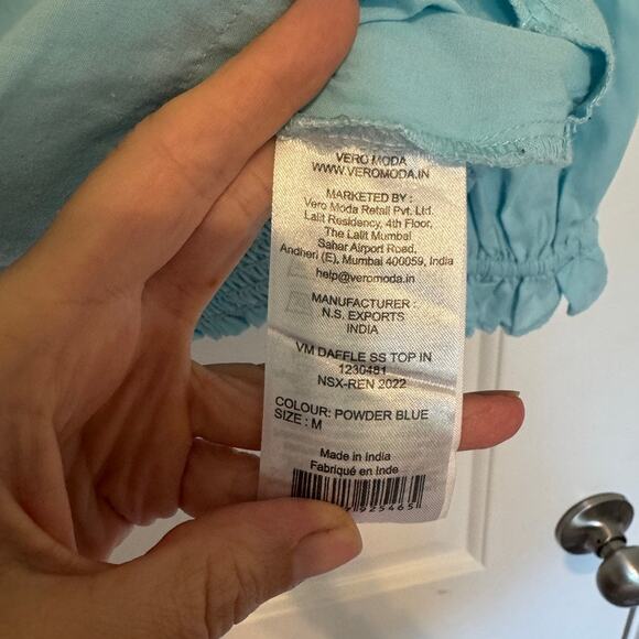 Vero Moda Blue Puff Sleeve Cropped Top Women’s Size M Summer Blouse Lightweight - Picture 5 of 7